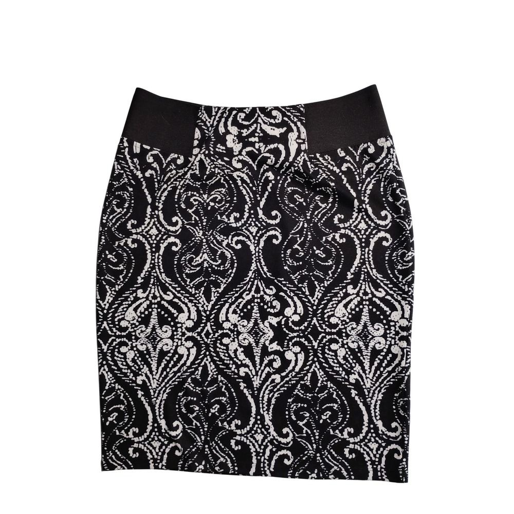 Roz & Ali Black White Damask Print Pencil Skirt Womens Size 6 Back Zip Stretch